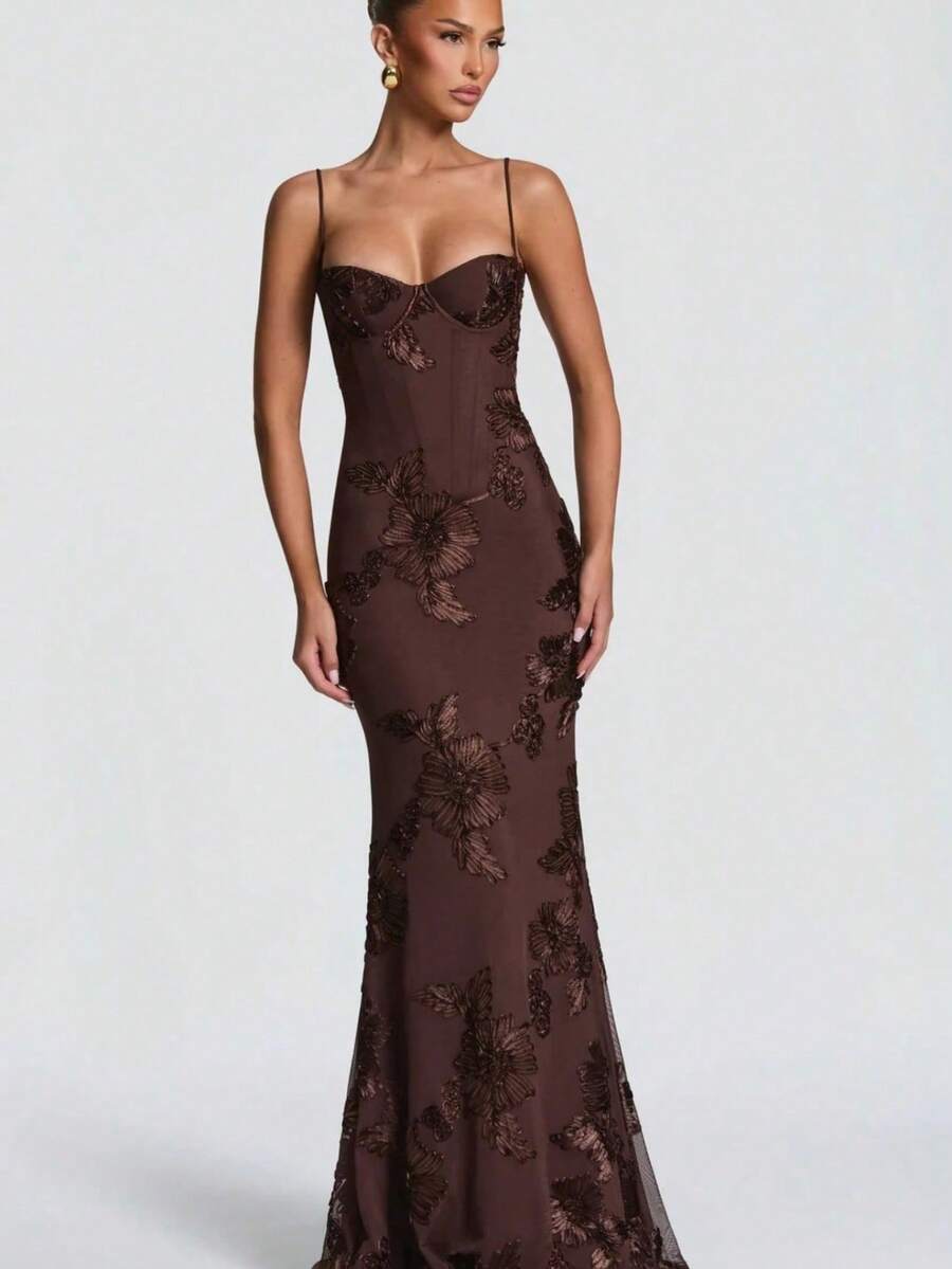 Women's High-End Banquet Flower Decor Evening Dress, Elegant Spaghetti Strap Dress, Slim Fit French Style Backless Solid Color Maxi Dress - 咖啡 - 查看 1