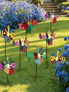 Set de 4 piezas - Molinillo de viento de plástico con diseños de dibujos animados 3D con lentejuelas coloridas de insecto, abeja y libélula, repelente de plagas reflectante, ahuyenta pájaros, decoración para jardín y patio exterior - insecto - Ver 4