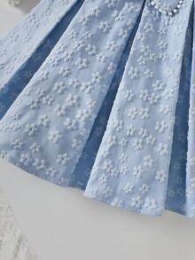 Young Girls' Floral Print Sleeveless Dress With Pom Pom & Big Bow Accent, Princess Style, Spring/Summer - Blue - View 5