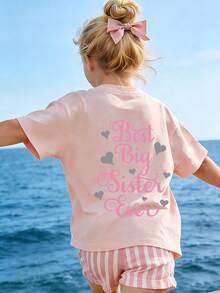 少女休闲印花圆领短袖T恤，夏季上衣 - 粉色 - 查看 3