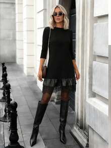 Spring Women's Commuting Fashion Casual Knit Fabric Black Patchwork Lace Leather A-Line Mid-Sleeve Round Neck Dress Elegant - Black - View 6