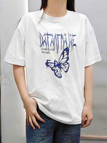Women's Round Neck Short Sleeve T-Shirt, New Summer Butterfly Pattern And Letter Print, Fashionable Casual Versatile Loose Top - White - View 2