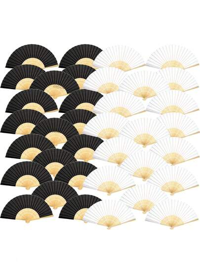1pc Portable Elegant Gold-Rimmed Folding Hand Fan Set, Black & White, Suitable For Weddings, Parties, Festivals, Summer Gatherings, Adult Events, Performances, Dances, Bridal Showers, Home Decor, Guest Gifts, Convenient Single-Hand Use, Fashionable Boho Style Accessory, Includes Shimmering Edge Paper Fan, Elegant & Refreshing Essential