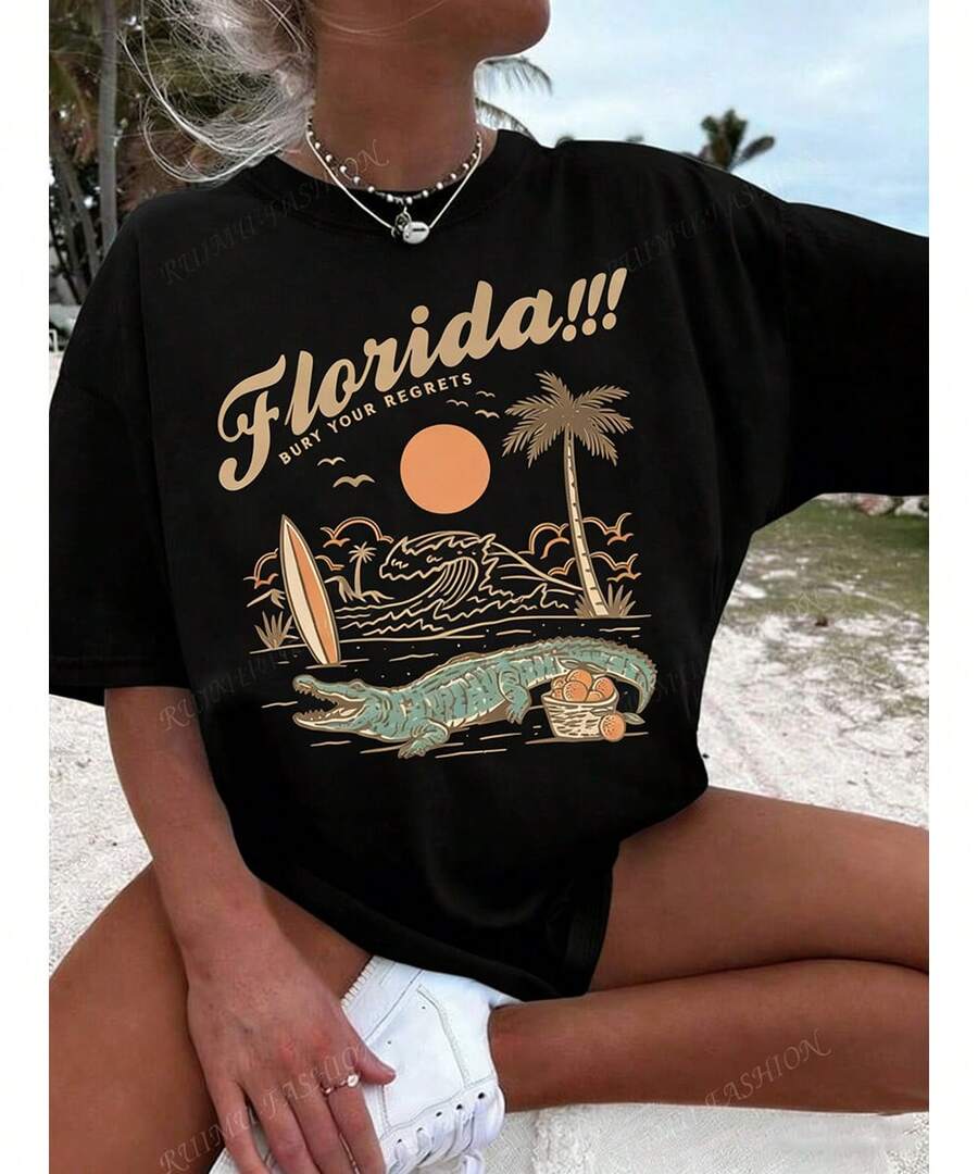 Florida Palm Tree Pattern T-Shirt -Women's Casual Vacation Short Sleeve T-Shirt, Round Neck Short Sleeve Top,Summer Outfits For Women - Summer Tops - 黑色 - 查看 1