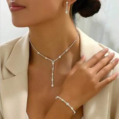 סט 3 יחידות שרשרת נוצצת, עגילים, סט תכשיטי צמיד, אביזרי כלה רב-תכליתיים