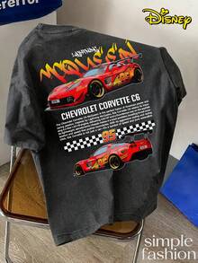 Disney Men's 230g Washed Cotton Short Sleeve T-Shirt - A Men's T-Shirt Printed With The Theme Of Lightning McQueen From "Cars", Featuring A Loose Fit Round Neck, 100% Cotton, Machine Washable, Suitable For Beaches, Parties, And Outdoor Activities In All Seasons. It Is A Vintage Washed T-Shirt, Street Fashion, And Racing Pattern T-Shirt - Black - View 3