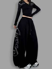 Early Spring/Summer Rhinestone Embellished Loose Fit Relaxed Jazz Dance Wide Leg Casual Pants For Women, Retro American Style - Black - View 3