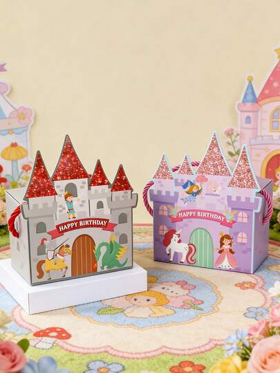 6个童话城堡礼盒，王子公主主题派对礼品包装盒，生日礼品包装用品，糖果盒，手提盒，异想天开的装饰礼品盒，一周岁生日庆祝礼品包装装饰，一周岁生日派对用品，婴儿派对装饰，生日派对装饰，生日派对回礼袋，生日礼物
