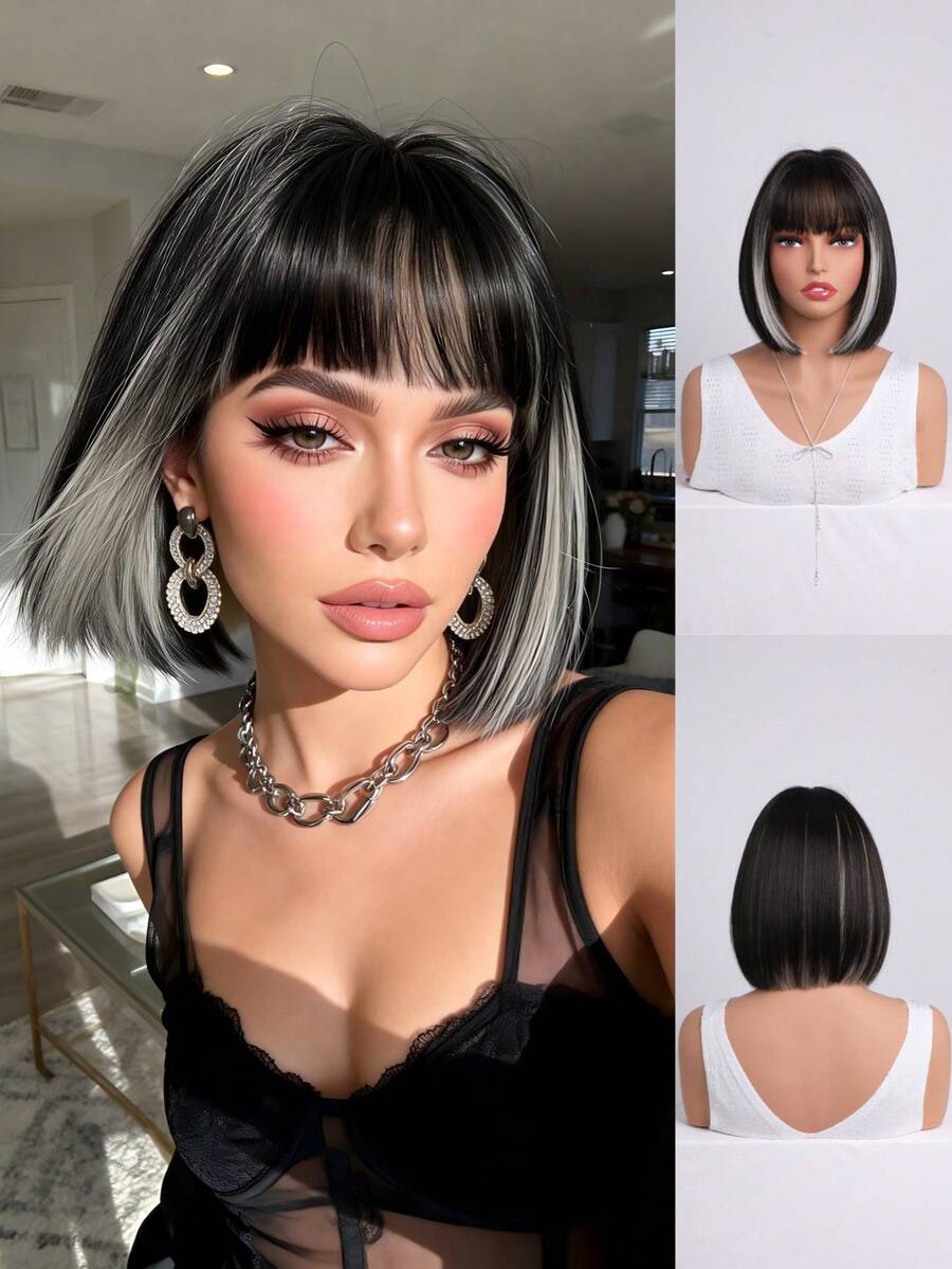 Tóc giả kiểu Y2K ombre đen xám có mái, chất tóc tự nhiên và mềm mại, phù hợp cho sử dụng hàng ngày và các bữa tiệc.