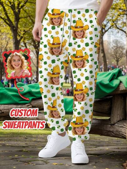 Personalized Men's Casual Sweatpants With Custom Face Design - Green Four-Leaf Clover Pattern With High Fly Hat, Comfortable And Fashionable Loose Fit Joggers, Suitable For Casual Daily Wear, Weekend Outings, Hangouts With Friends, Travel, And Occasions Like Valentine's Day, St. Patrick's Day, New Year, Autumn/Winter Men's Clothing, Perfect Gift For Her/Him