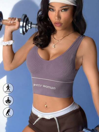 1pc Classic Sexy Removable Padded Medium Support Sports Bra, Knit Fabric