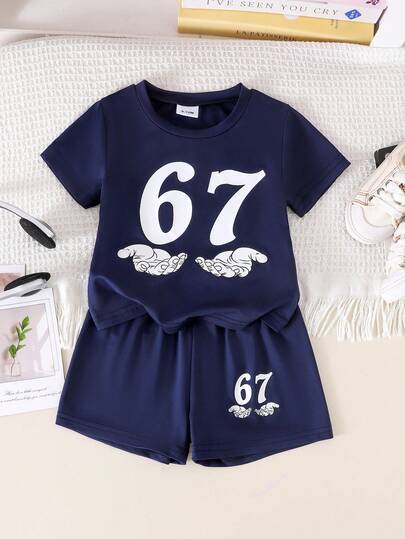 2pcs/Set Toddler Boys' Casual Minimalist Numeric Print Short Sleeve Top + Shorts Set, Summer