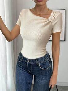 Women's Elegant Ribbed Short Sleeve Standard Length Sweater Top, Unique Neckline Design - New Apricot - View 5