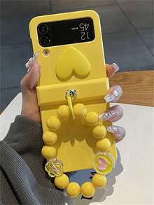 可爱磨砂PC爱心Y2K时尚纯色折叠手机壳，配3D卡通兔子花朵串珠链，兼容三星Galaxy Z Flip7 Flip6 Flip5 Flip4 3，可爱磨砂PC硬质后盖，复活节春季礼物 - 黃色 - 查看 3