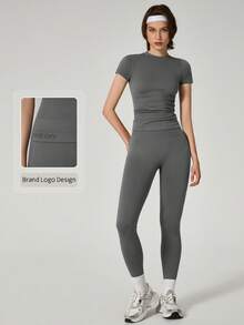 TimeOff 1 Conjunto de Mujer de Cuello Redondo de Manga Corta, Leggings Elásticos de Cintura Alta sin Costuras y Camiseta Deportiva de Verano - Gris - Ver 5