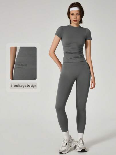 TimeOff 1 Takım Kadın Yuvarlak Yaka Kısa Kollu Fitilli Dikişsiz Yüksek Bel Elastik Dar Paça Tayt Spor Takımı