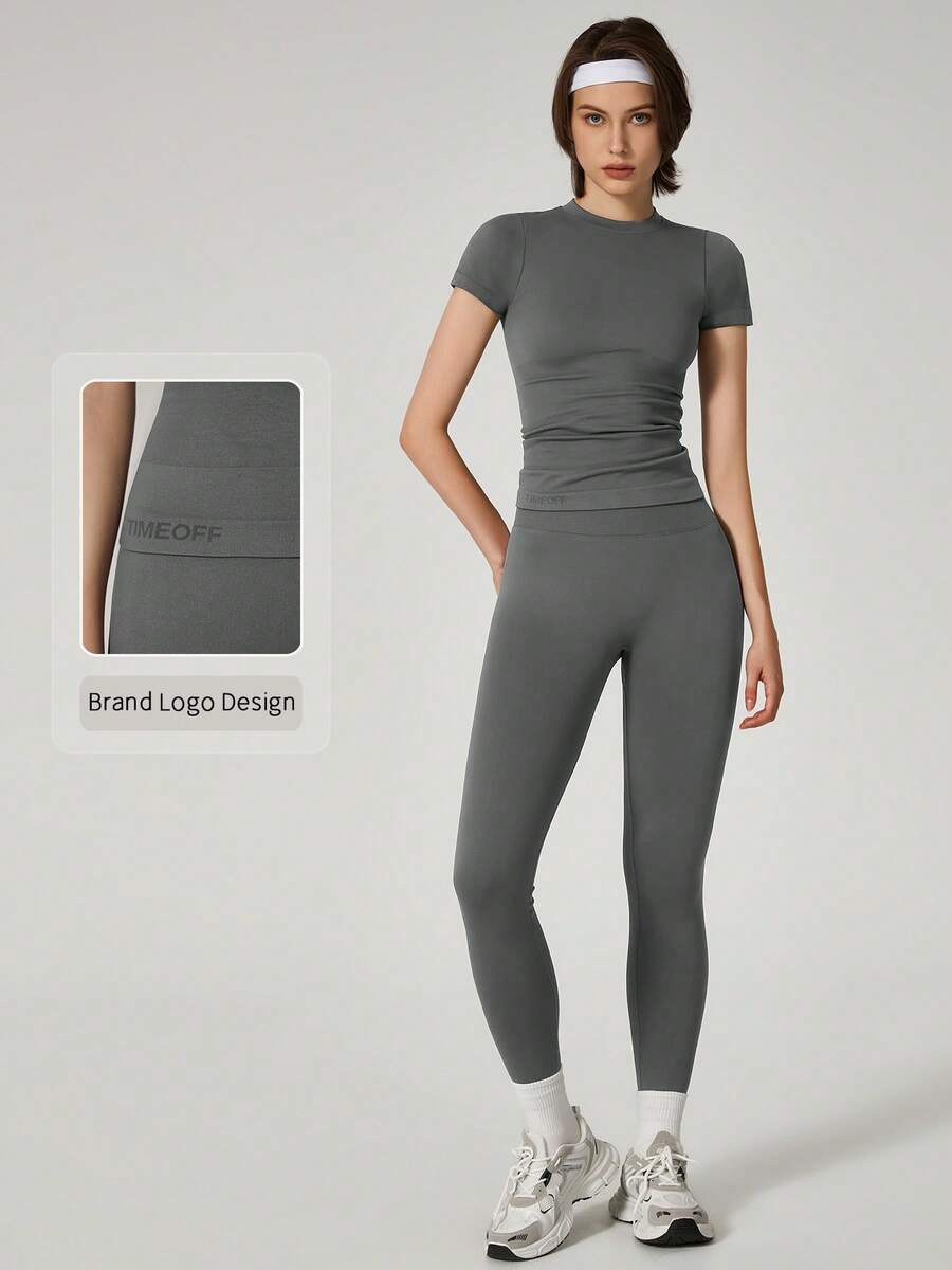 TimeOff 1 Bộ quần áo thể thao nữ cổ tròn tay ngắn, không đường may, cạp cao, co giãn, ôm sát, thích hợp cho mùa hè. - Xám - Xem 1