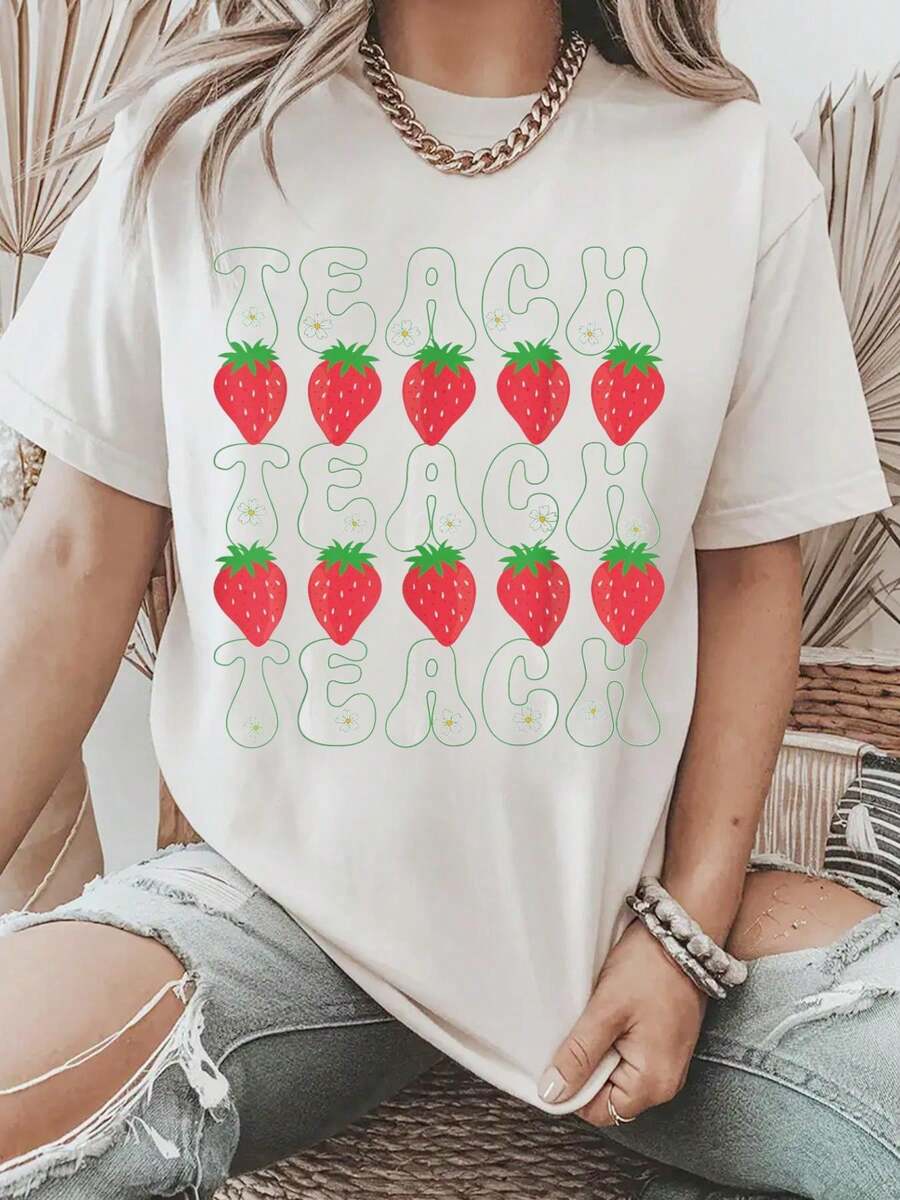 100% Algodón Maija Camiseta de Mujer Fresa Enseñanza Regreso a la escuela Maestra Chica Fresa 1 Camiseta de Manga Corta Cuello Redondo Top Casual para Verano y , Ropa de Mujer - Blanco - Ver 1