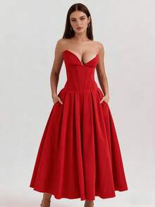 Boned Bustier High-Waisted Solid Color Mid-Length Dress - Đỏ - Xem 5