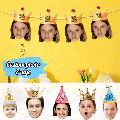 Custom Photo And Age Birthday Decoration,Personalized Birthday Hat Decoration,Customized Happy Birthday Banner,Customizable Pictures Banner Pull Flag,Birthday Gifts,Party Flags,Anniversary,Graduation Celebration,Various Parties,Men,Women,Friends,Living Room,Bedroom,Decoration