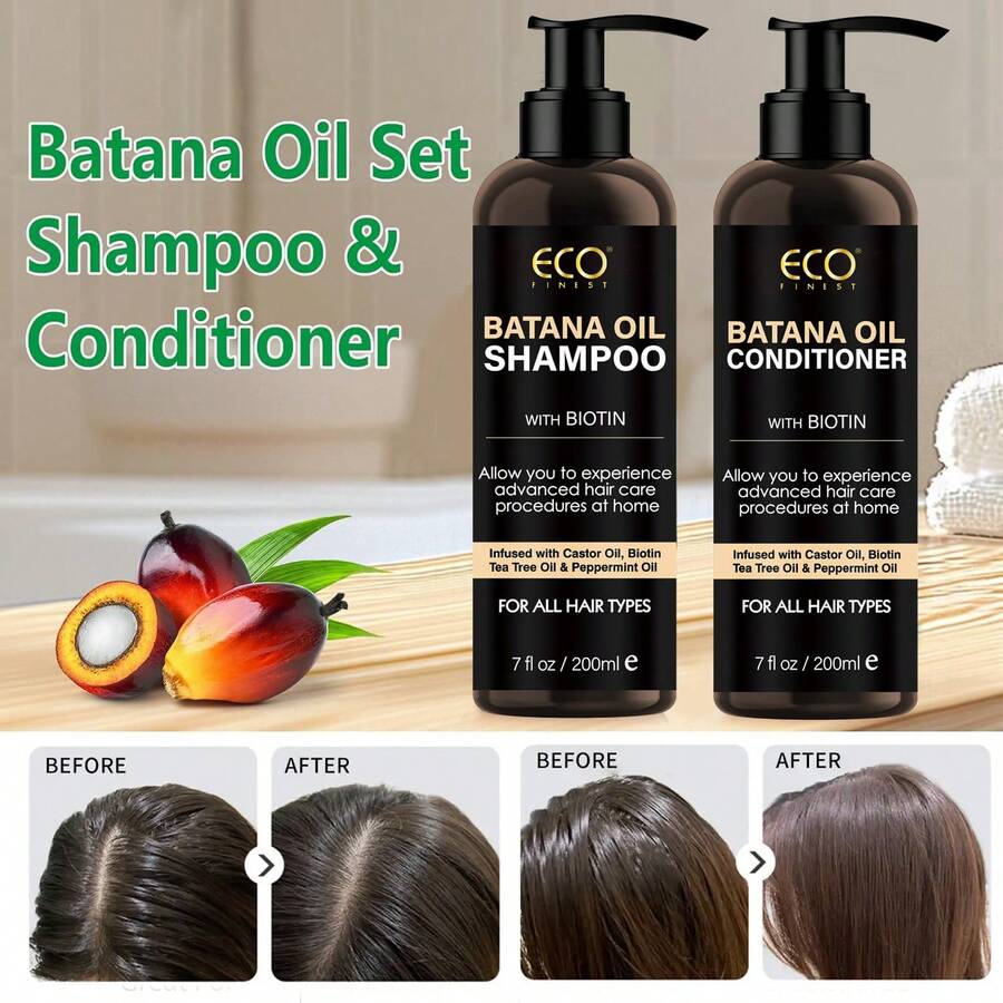 Batana Oil Shampoo And Conditioner Set - Deep Cleaning, Nourishing & Moisturizing Hair, With Biotin For Volume Fortify, Make Thin Hair Look Fully, Anti-Frizzing, Leave Soft & Smoooth Hair, Add Shine - Biotin Shampoo For Thinning Hair For Men & Women, 200ml*2 - 洗髮+護髮素 - 查看 1