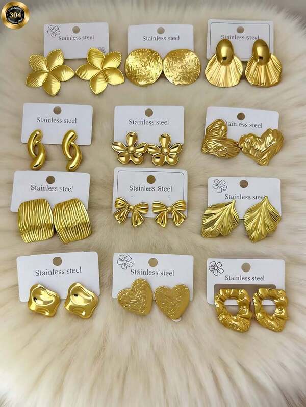 12pcs Gold-Tone Earring Set, Includes Flower, Heart, Butterfly, Leaf, Circle And Geometric Shapes In Elegant European Style, High-End Minimalist Earring Pendants. Made Of Stainless Steel, Hypoallergenic. Suitable For Weddings, Valentine's Day, Christmas And Anniversary