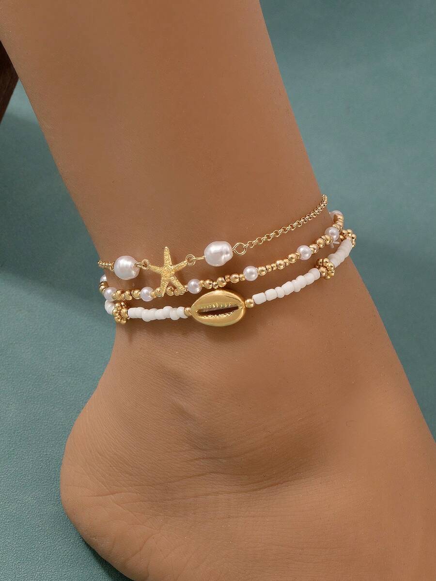 3pcs/Set Bohemian Ocean Style Starfish, Seashell & Pearl Beaded Elastic Anklet For Women - Starfish - View 1