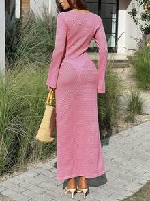 Women's Sexy Long Sleeve Knit Maxi Dress, Spring/Summer Beach Vacation Solid Color Crochet Long Sweater Dress, Bohemian Style Casual Elegant Deep V-Neck Sweater Dress - Pink - View 2