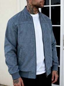 Men's Khaki Suede Bomber Jacket, Full Zip Stand Collar Casual Coat, Retro Faux Leather Jacket, Suitable For Spring And Autumn, Outdoor Commute Casual Jacket, High-Quality Men's Gift - 霧霾藍 - 查看 3