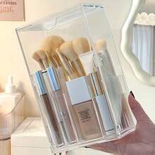 1pc Adjustable Acrylic Makeup Brush Holder - Transparent Plastic Desktop Organizer Box For Makeup Brushes, Beauty Tools, And Perfume - Multicolor - View 4