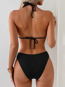 2pcs Orange Textured Striped Fabric Fashionable Holiday Sexy Bra & Bikini Swimwear Set Black Vacation Beach Summer - Black - View 3