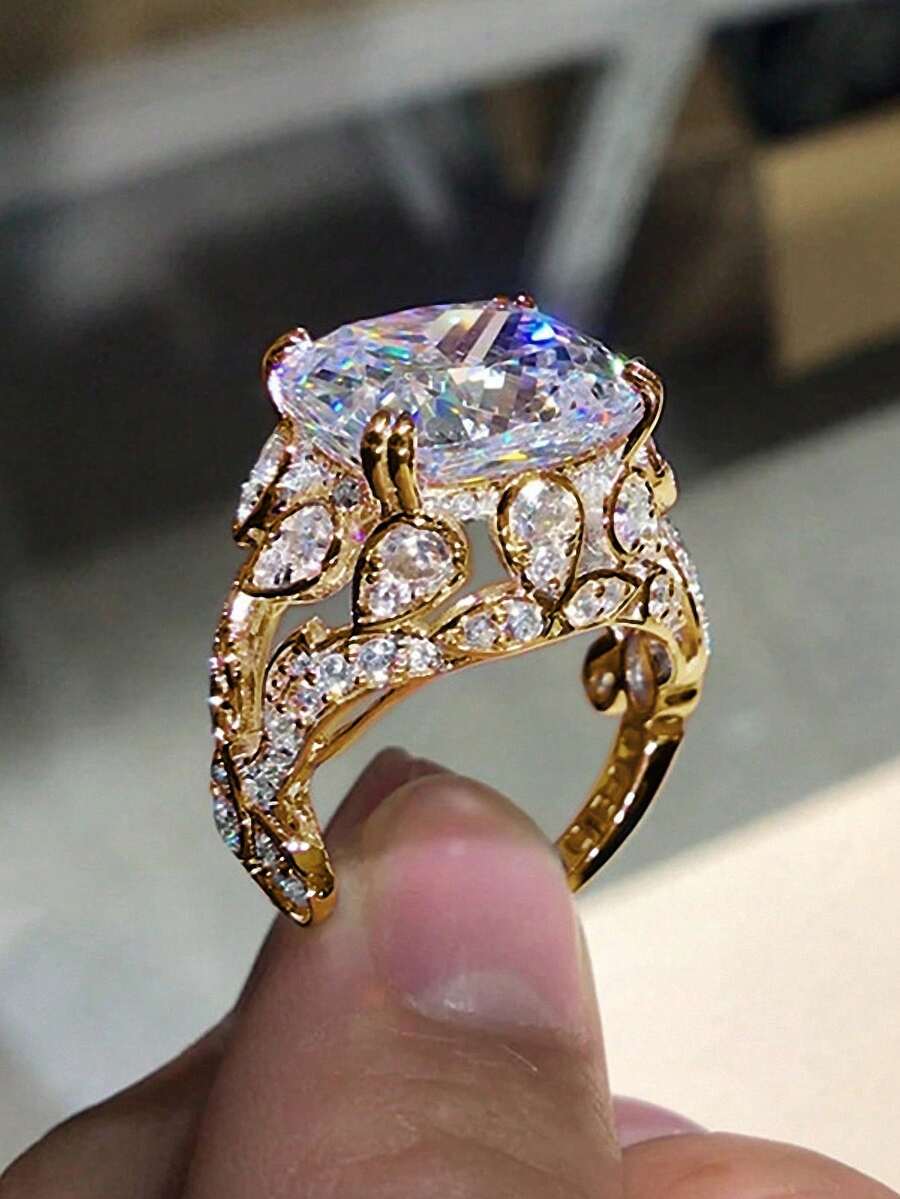 1 chiếc nhẫn đá Cubic Zirconia tuyệt đẹp dành cho nữ, thích hợp làm quà tặng Ngày Valentine, đám cưới, kỷ niệm hoặc trang sức dự tiệc. - Vàng - Xem 1