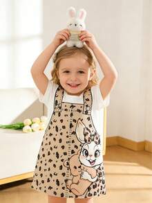 夏季新款女婴可爱卡通兔子豹纹吊带裙，宽松休闲甜美舒适短袖连衣裙，时尚透气女婴夏季服装 - 白色 - 查看 2