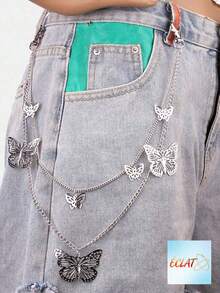 1pc Men Silver Metal Trouser Chain Fashionable Multi Layer Hollow Butterfly Pendant Chain Punk Hip Hop Style Accessory For Jeans Decoration Halloween Summer School Autumn Winter Accessories Halloween Costume Suitable For Teens Youth Men Casual Outdoor Ath MQ19 - 銀色 - 查看 1