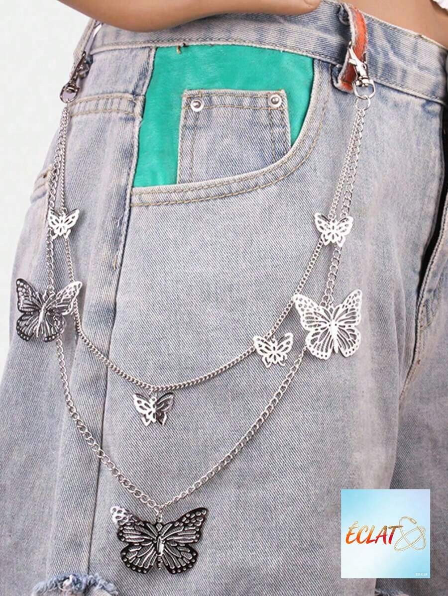 1pc Men Silver Metal Trouser Chain Fashionable Multi Layer Hollow Butterfly Pendant Chain Punk Hip Hop Style Accessory For Jeans Decoration Halloween Summer School Autumn Winter Accessories Halloween Costume Suitable For Teens Youth Men Casual Outdoor Ath MQ19 - 銀色 - 查看 1