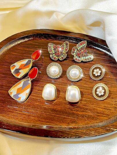 5对简约复古仿珍珠花朵耳环，奢华小众时尚优雅设计耳环套装，适合女性日常及节日佩戴