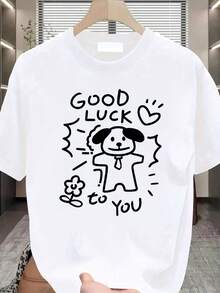 Women'S Japanese Style Cute Puppy And Good Luck Text T-Shirt| Loose Casual Daily Top, Machine Washable White, Suitable For Home And Office Wear, Ideal For Gifting, All Seasons Comfortable - 白色 - 查看 1