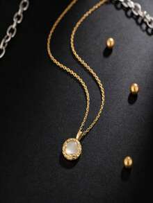 1pc Stainless Steel INS Style Luxury Cat Eye Stone Pendant Necklace, Gold Braided Edge Round Plate Delicate Minimalist Necklace, Suitable For Daily, Commute, Date, Party Wear, Unique Elegant Choker Necklace, Fashion Jewelry (OPP Bag Packaging) - Gold - View 3