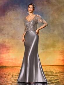 Vestido de la madre de la novia con parches de lentejuelas y malla - Gris - Ver 5