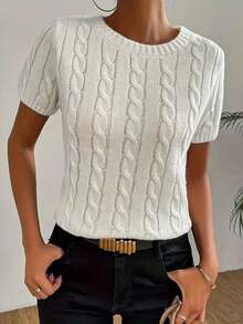 Women's Casual Round Neck Short Sleeve Knit Sweater Top - White - View 4