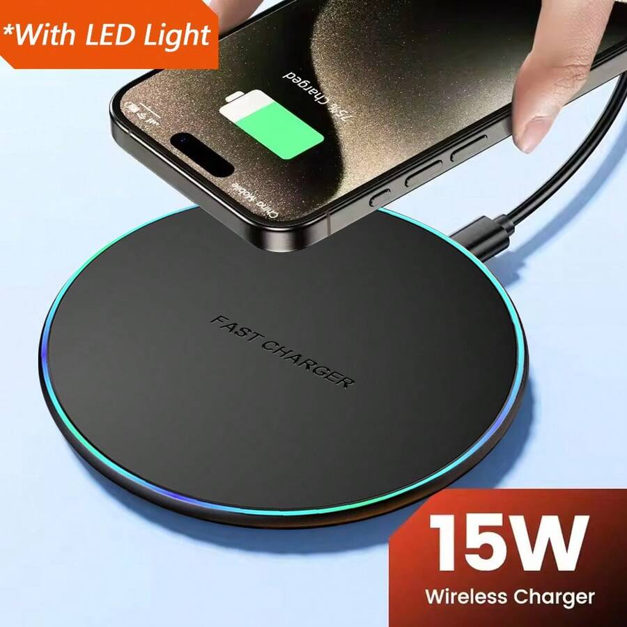 高品质 15W 超薄圆形无线充电板，带 RGB LED 环形灯，支持快速充电，兼容 17/16/15/14/13 Pro、S25/S24/S23/S22 Ultra/S21、Note20、8/7 Pro、Mate60、小米 13 等机型。轻巧便携，商务必备礼品，旅行办公好物，情人节礼物佳选。