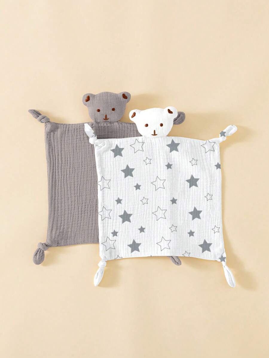 2pcs Soft Thin Baby Cotton Gauze, Cute Bear Plush Multifunctional Drool Bib, Security Blanket - Multicolor - View 1
