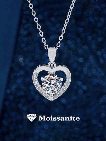 1pc Fashionable Luxury 925 Sterling Silver 1 Carat 6.5mm Moissanite Heart Necklace, Suitable For Women's Daily Wear, Party, Holiday, Valentine's Day, Mother's Day, Wedding Anniversary, Women's Jewelry Gift