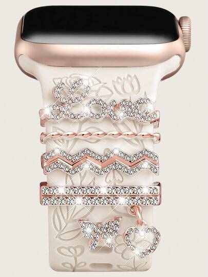 5pcs Metal Charms Decorative Ring Compatible With Apple Watch Band Charms Butterfly Diamond Rhinestone Ornament Smart Watch Silicone Strap Accessories Bracelet Fashionable Accessories (Watch And Band Not Included) , Compatible With Samsung Galaxy Watch Compatible With Huawei Honor Watch