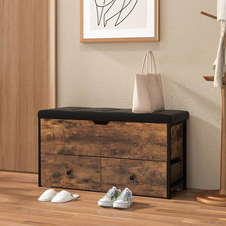 COSTWAY Storage Ottoman Bench With Padded Seat Cushion And 2 Drawers, Brown - Brown - View 1