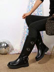 High Boots For Women's Mid Calf Fashion Dressy Motocycle Biker Military Style Combat Chunky Boots Low Heel Platform Shoes - 黑色 - 查看 4
