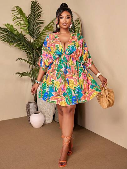 BIUBIU Plus Size Tropical Floral Print Mini Dress - Batwing Sleeve V Neck Loose Dress For Summer Vacation & Casual Outfits