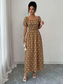 Elegant Printed Long Dress, Spring Style, Lined With Elastic, Short Puff Sleeves, Spring/Summer Fashion - Khaki - View 3