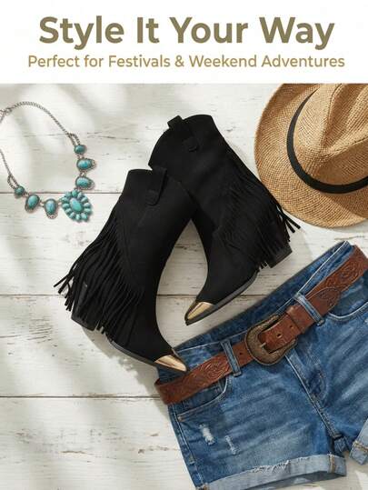 Cizme la modă cu toc gros și franjuri retro, până la jumătatea gambei