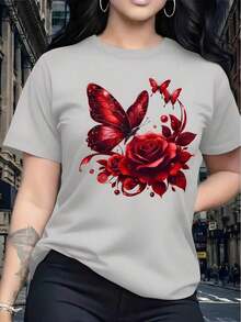 Camiseta Feminina T-shirt Blusa  Estampada Borboleta Pousando na Flor e Um Par de Borboletinhas Camisa 100% Algodão - Cinza Claro - Visão 2